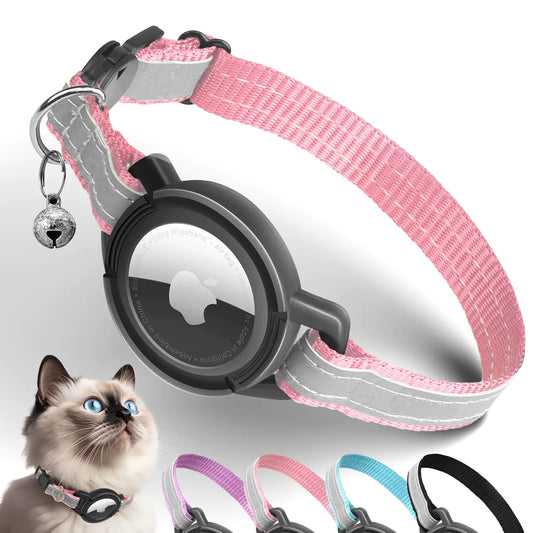 Airtag Cat Collar Breakaway Odokele Reflective Cat Collars with Apple Air Tag Holder for Kitten Cat GPS Tracker Adjustable Collars with Safety Quick Release Buckle for Kitties and Puppies - Pink